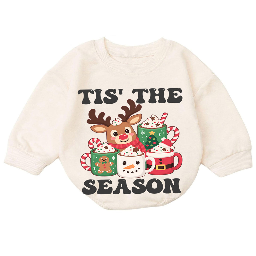 Tis the Season Reindeer Cocoa Baby Romper, Cozy 1st Christmas Outfit, Winter 1st Birthday Holiday Romper, Cute Xmas Gift — product view 7