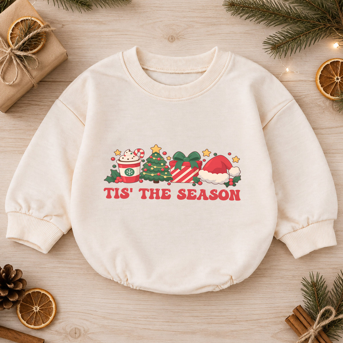 Tis the Season Christmas Baby Romper, Tree Gift Santa Hat Holiday Outfit, Baby 1st Christmas Keepsake, 1st Birthday Xmas Gift — product view 1