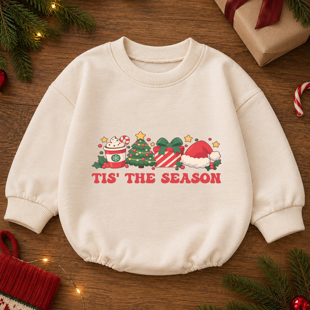 Tis the Season Christmas Baby Romper, Tree Gift Santa Hat Holiday Outfit, Baby 1st Christmas Keepsake, 1st Birthday Xmas Gift — product view 2