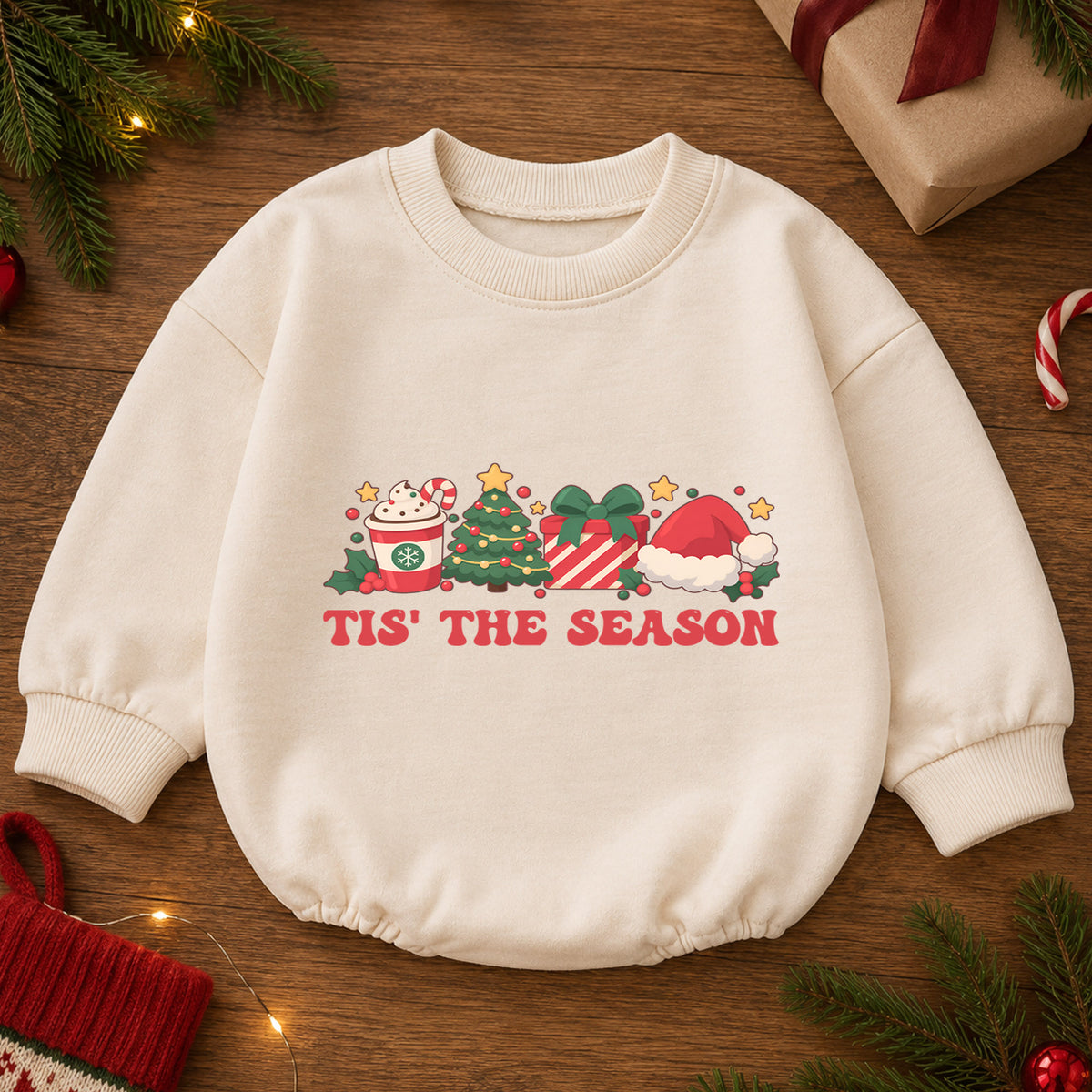 Tis the Season Christmas Baby Romper, Tree Gift Santa Hat Holiday Outfit, Baby 1st Christmas Keepsake, 1st Birthday Xmas Gift — product view 2