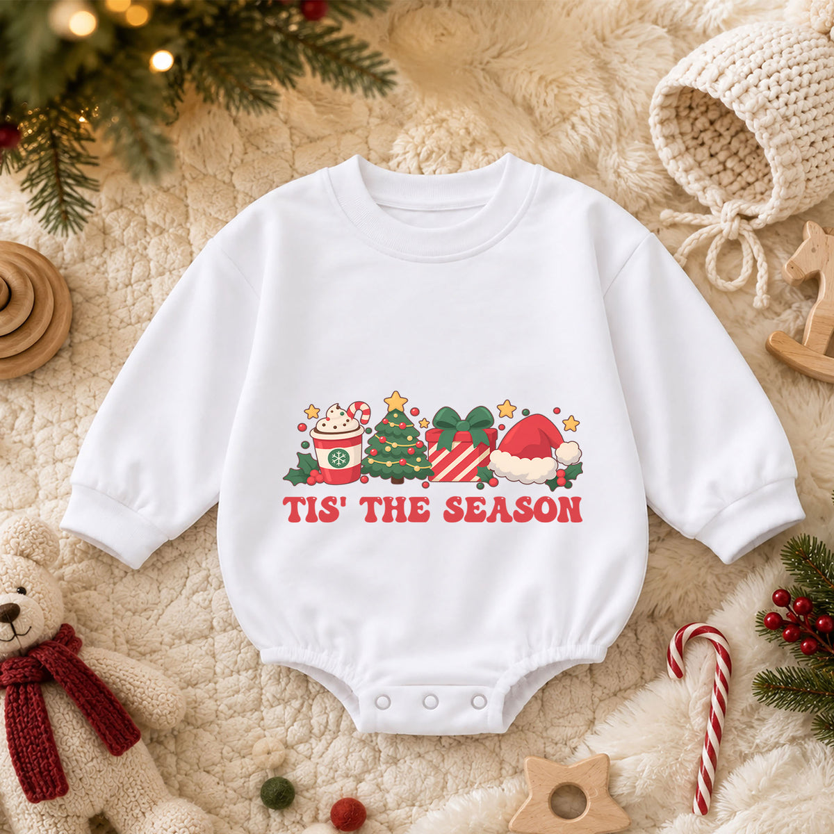 Tis the Season Christmas Baby Romper, Tree Gift Santa Hat Holiday Outfit, Baby 1st Christmas Keepsake, 1st Birthday Xmas Gift — product view 3