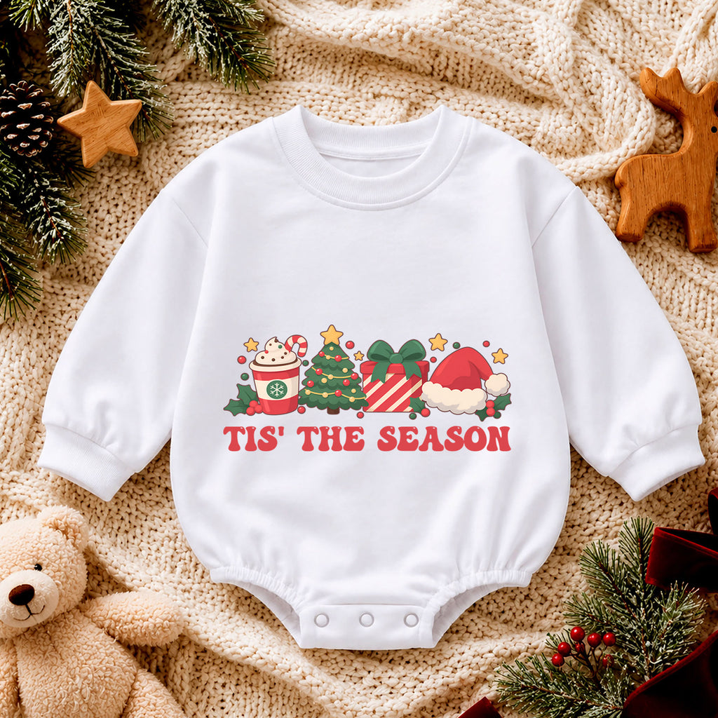 Tis the Season Christmas Baby Romper, Tree Gift Santa Hat Holiday Outfit, Baby 1st Christmas Keepsake, 1st Birthday Xmas Gift — product view 4