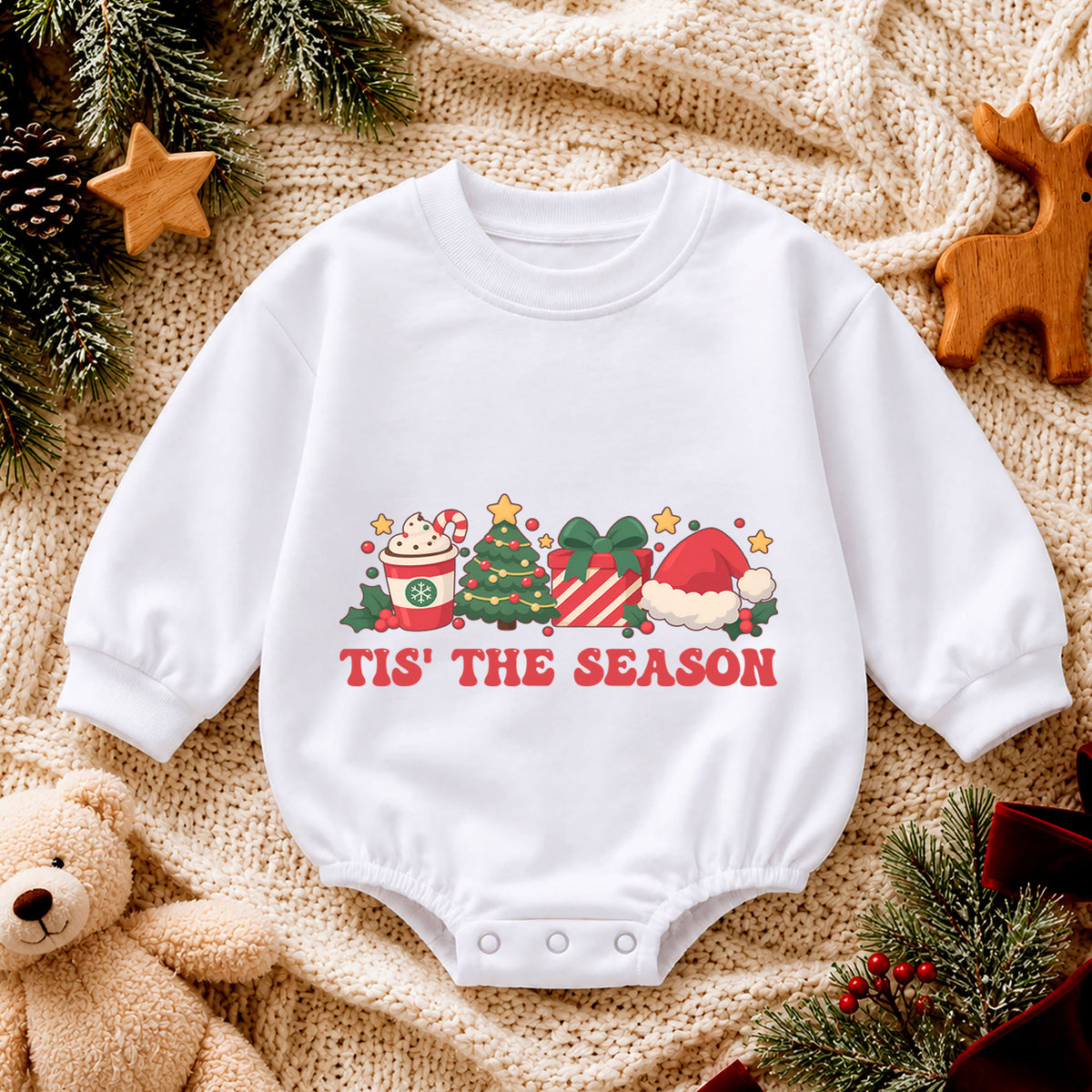 Tis the Season Christmas Baby Romper, Tree Gift Santa Hat Holiday Outfit, Baby 1st Christmas Keepsake, 1st Birthday Xmas Gift — product view 4