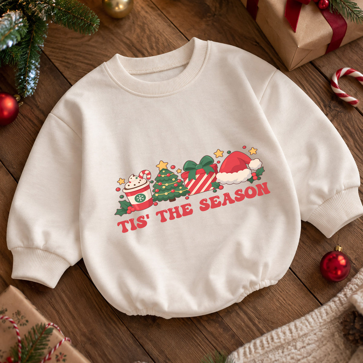 Tis the Season Christmas Baby Romper, Tree Gift Santa Hat Holiday Outfit, Baby 1st Christmas Keepsake, 1st Birthday Xmas Gift — product view 5