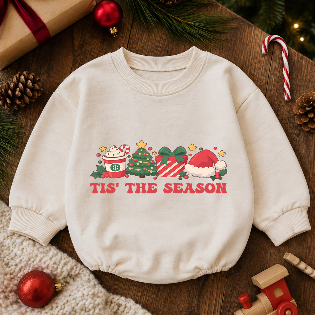 Tis the Season Christmas Baby Romper, Tree Gift Santa Hat Holiday Outfit, Baby 1st Christmas Keepsake, 1st Birthday Xmas Gift — product view 6