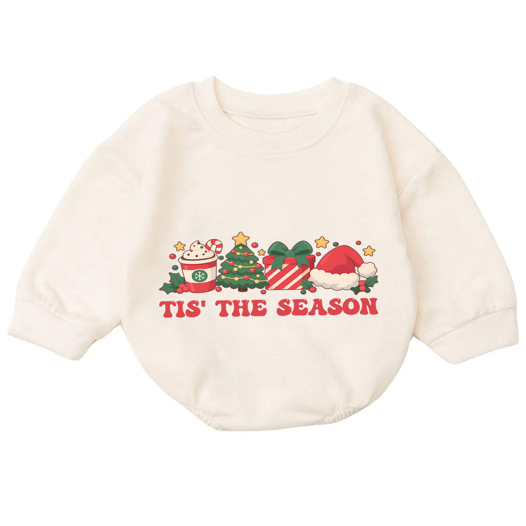 Tis the Season Christmas Baby Romper, Tree Gift Santa Hat Holiday Outfit, Baby 1st Christmas Keepsake, 1st Birthday Xmas Gift — product view 7