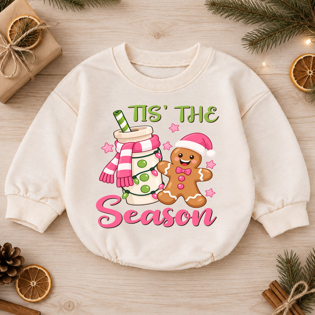 Tis the Season Gingerbread Baby Romper, Pink Cocoa Christmas Outfit, Sweet 1st Christmas Keepsake, 1st Birthday Holiday Gift — product view 1