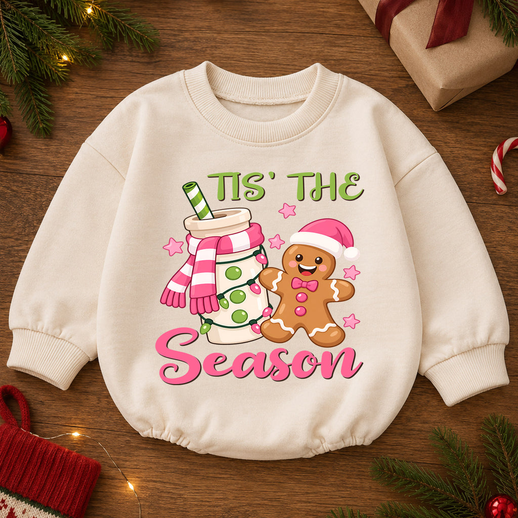 Tis the Season Gingerbread Baby Romper, Pink Cocoa Christmas Outfit, Sweet 1st Christmas Keepsake, 1st Birthday Holiday Gift — product view 2