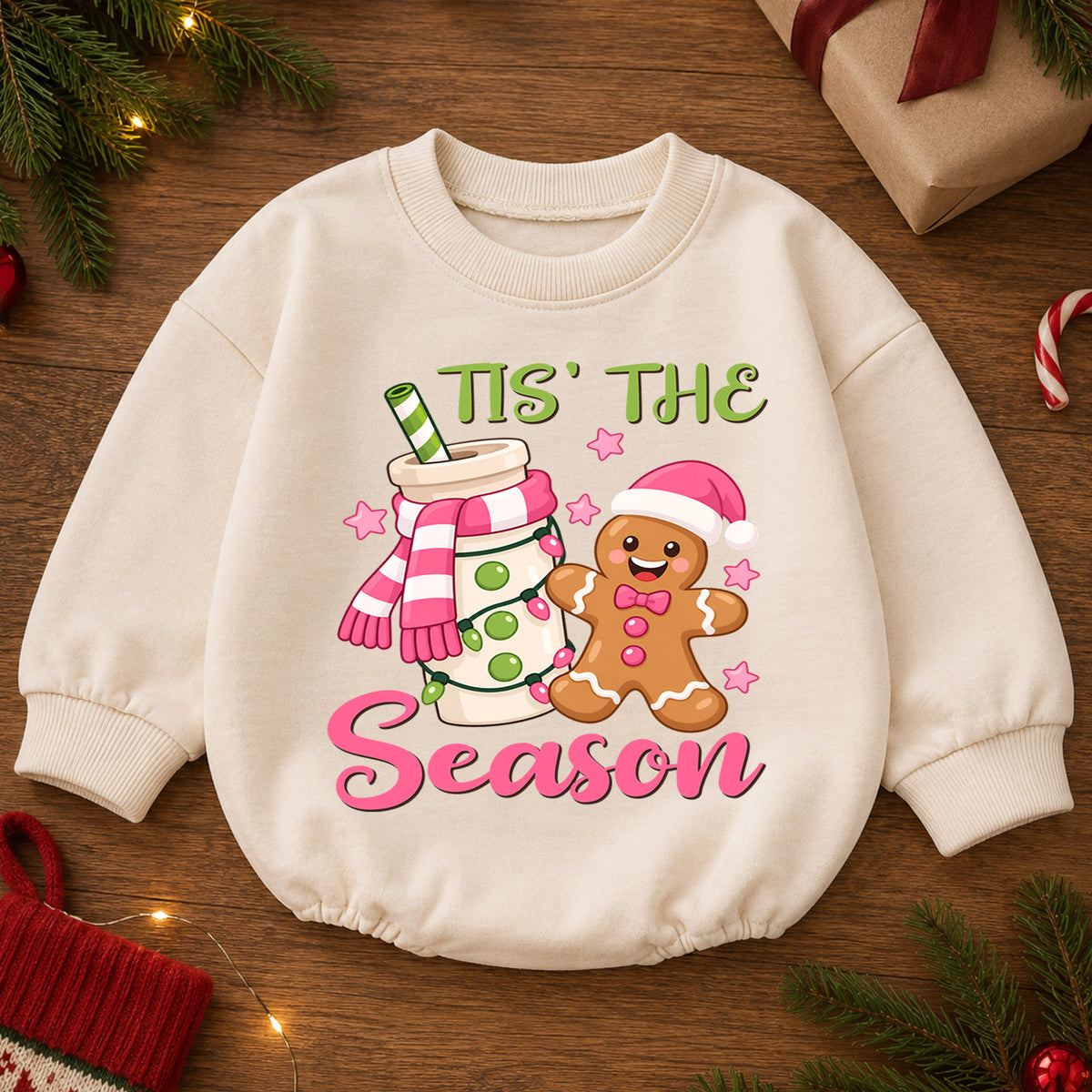 Tis the Season Gingerbread Baby Romper, Pink Cocoa Christmas Outfit, Sweet 1st Christmas Keepsake, 1st Birthday Holiday Gift — product view 2