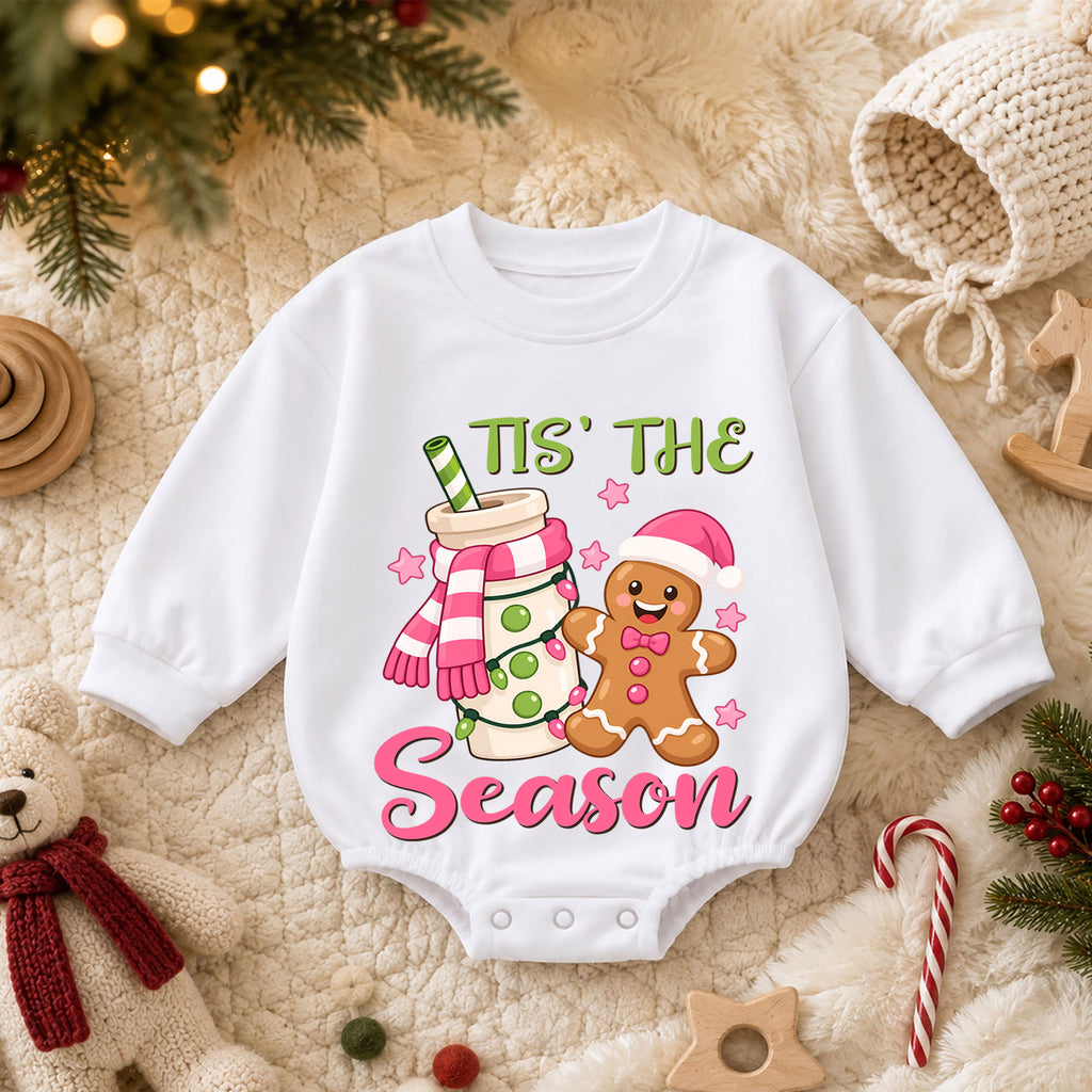 Tis the Season Gingerbread Baby Romper, Pink Cocoa Christmas Outfit, Sweet 1st Christmas Keepsake, 1st Birthday Holiday Gift — product view 3