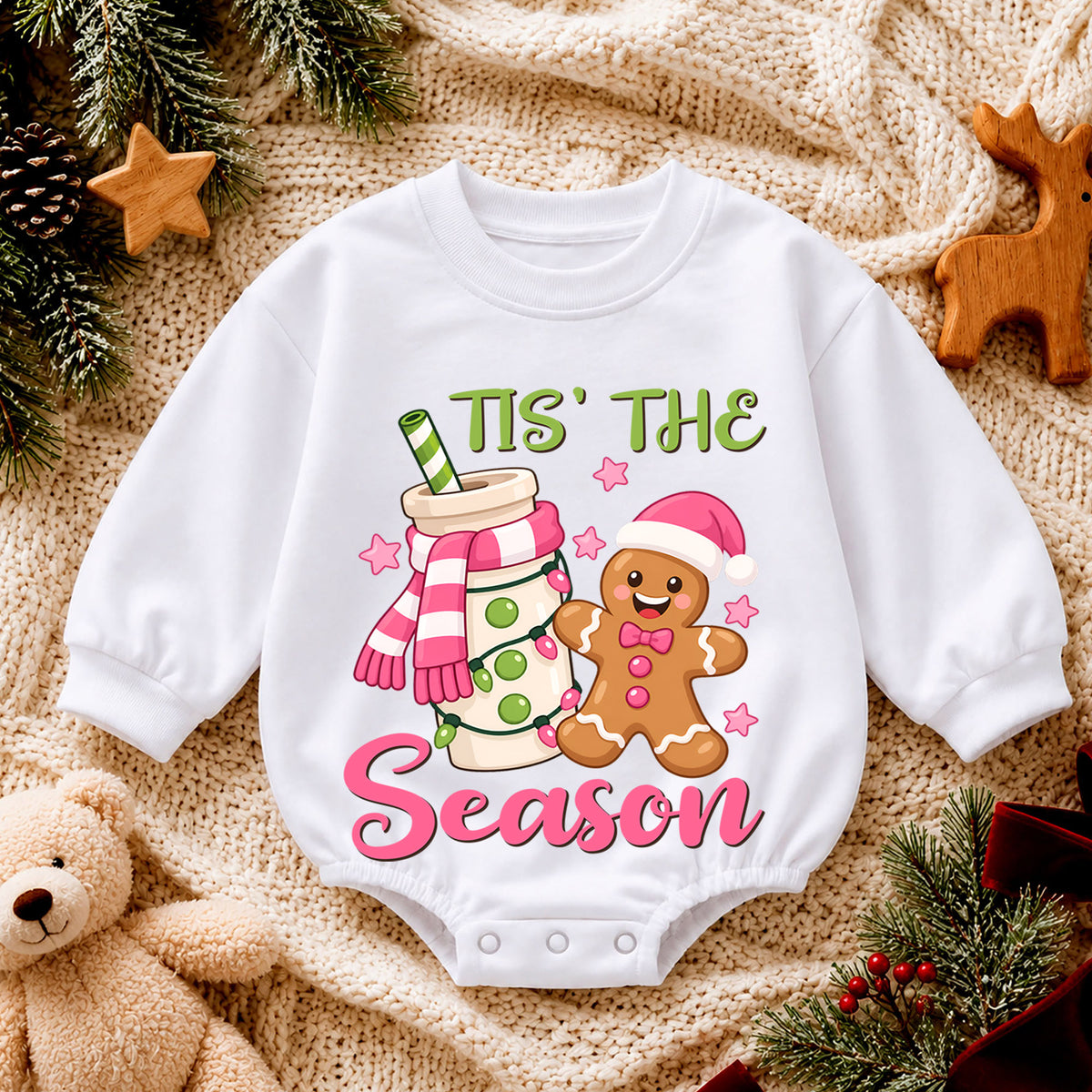 Tis the Season Gingerbread Baby Romper, Pink Cocoa Christmas Outfit, Sweet 1st Christmas Keepsake, 1st Birthday Holiday Gift — product view 4