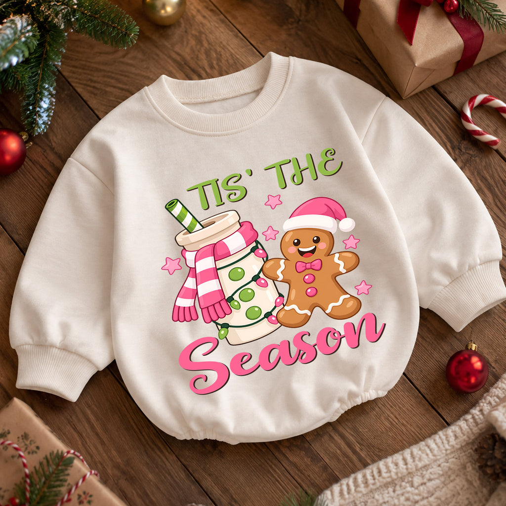 Tis the Season Gingerbread Baby Romper, Pink Cocoa Christmas Outfit, Sweet 1st Christmas Keepsake, 1st Birthday Holiday Gift — product view 5