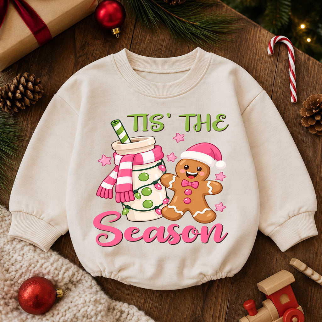 Tis the Season Gingerbread Baby Romper, Pink Cocoa Christmas Outfit, Sweet 1st Christmas Keepsake, 1st Birthday Holiday Gift — product view 6