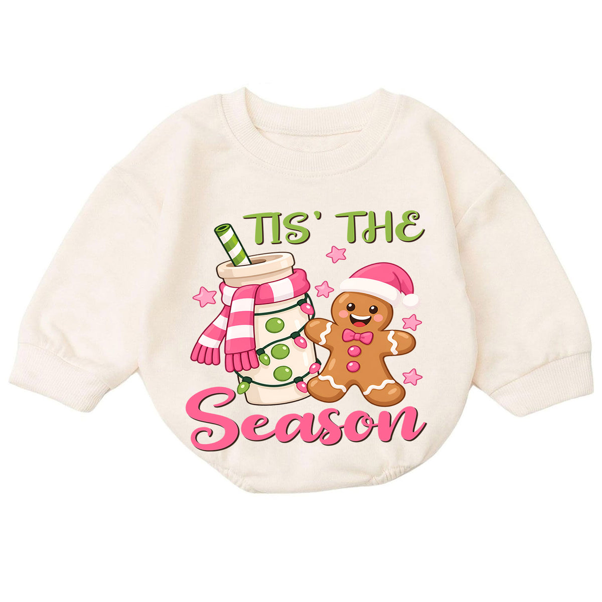 Tis the Season Gingerbread Baby Romper, Pink Cocoa Christmas Outfit, Sweet 1st Christmas Keepsake, 1st Birthday Holiday Gift — product view 7