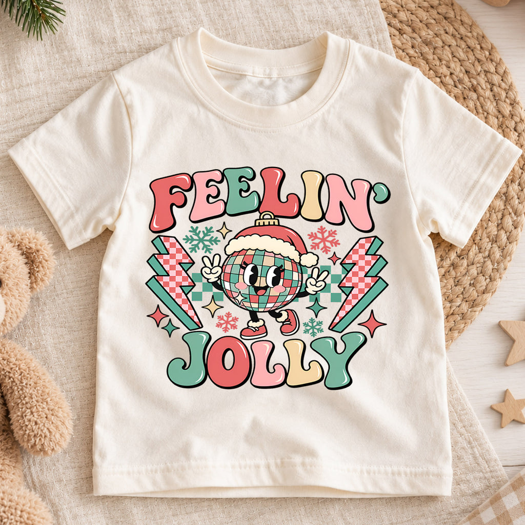 Feelin Jolly Kids Christmas Shirt, Disco Ball Santa Hat Tee, Retro Holiday Outfit for Boys Girls, Groovy Christmas Gift for Little Kids — product view 1