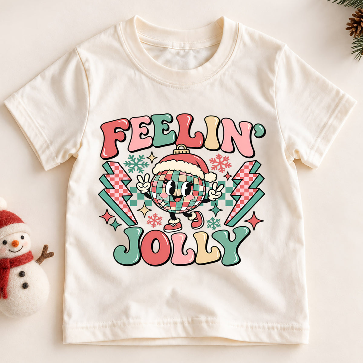 Feelin Jolly Kids Christmas Shirt, Disco Ball Santa Hat Tee, Retro Holiday Outfit for Boys Girls, Groovy Christmas Gift for Little Kids — product view 2