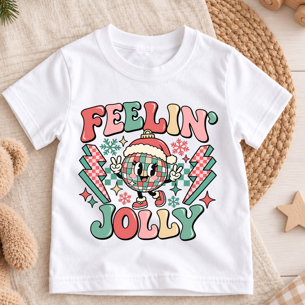 Feelin Jolly Kids Christmas Shirt, Disco Ball Santa Hat Tee, Retro Holiday Outfit for Boys Girls, Groovy Christmas Gift for Little Kids — product view 3
