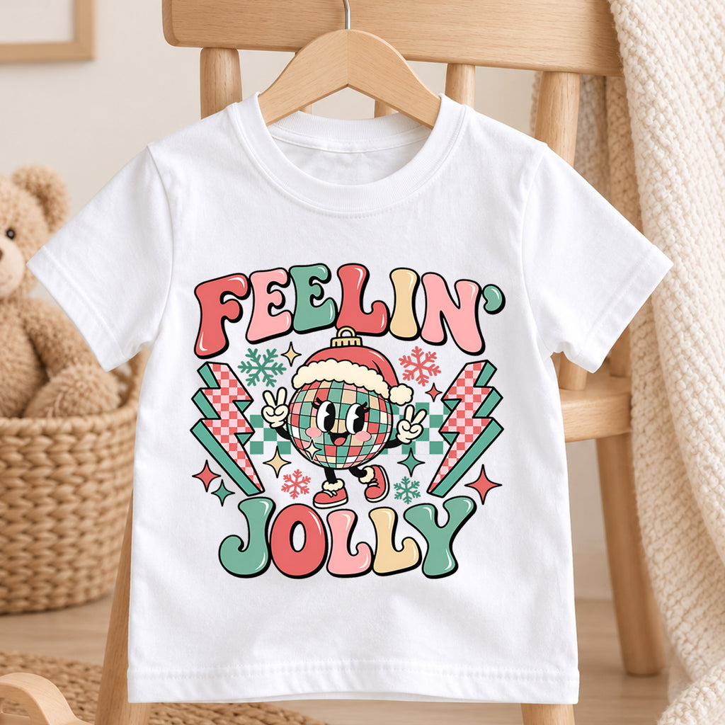 Feelin Jolly Kids Christmas Shirt, Disco Ball Santa Hat Tee, Retro Holiday Outfit for Boys Girls, Groovy Christmas Gift for Little Kids — product view 4