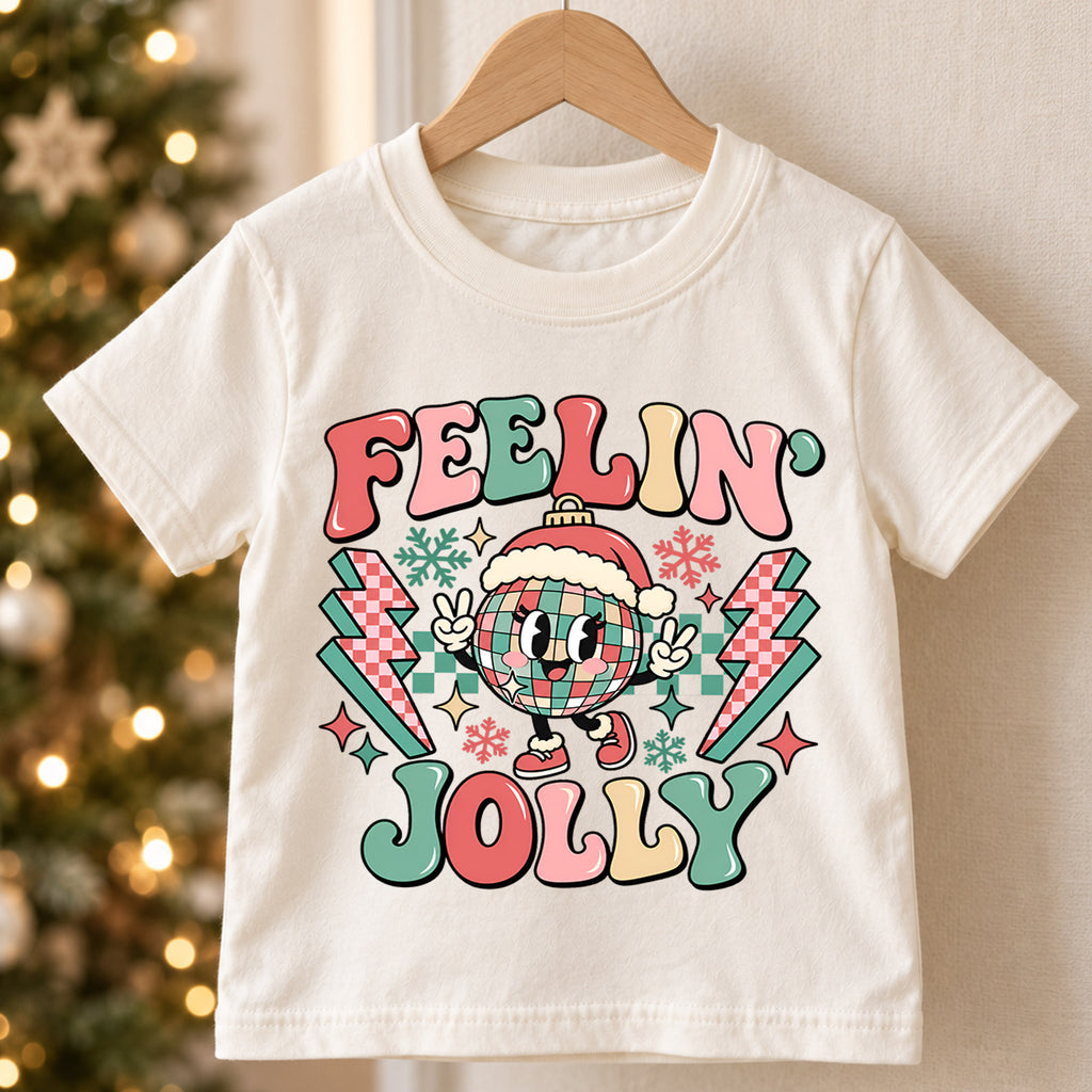 Feelin Jolly Kids Christmas Shirt, Disco Ball Santa Hat Tee, Retro Holiday Outfit for Boys Girls, Groovy Christmas Gift for Little Kids — product view 5