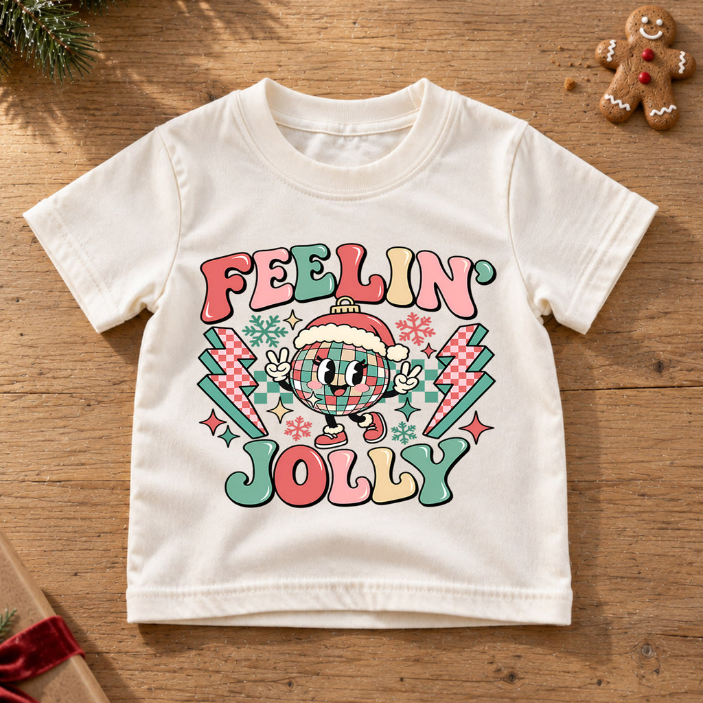 Feelin Jolly Kids Christmas Shirt, Disco Ball Santa Hat Tee, Retro Holiday Outfit for Boys Girls, Groovy Christmas Gift for Little Kids — product view 6