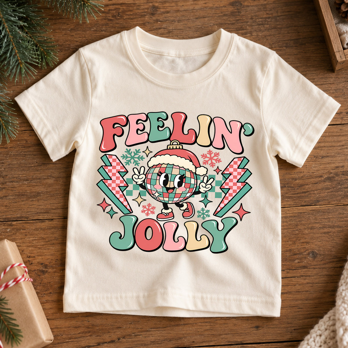 Feelin Jolly Kids Christmas Shirt, Disco Ball Santa Hat Tee, Retro Holiday Outfit for Boys Girls, Groovy Christmas Gift for Little Kids — product view 7