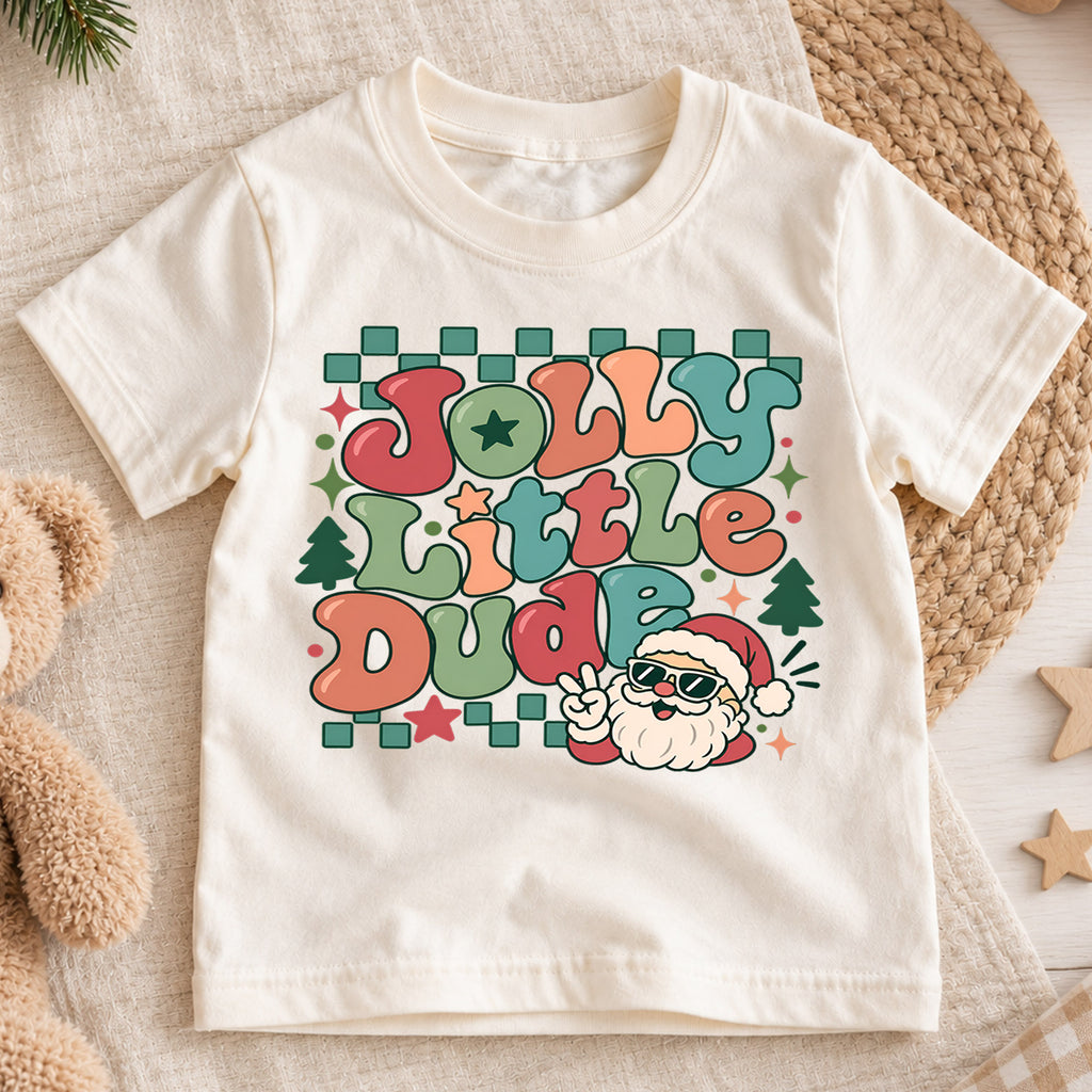 Jolly Little Dude Kids Christmas Shirt, Cool Santa Sunglasses Tee, Retro Holiday Outfit for Boys, Funny Christmas Gift for Little Kids — product view 1