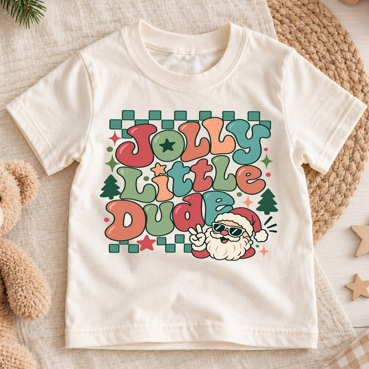 Jolly Little Dude Kids Christmas Shirt, Cool Santa Sunglasses Tee, Retro Holiday Outfit for Boys, Funny Christmas Gift for Little Kids — product view 1