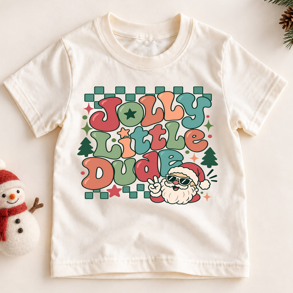 Jolly Little Dude Kids Christmas Shirt, Cool Santa Sunglasses Tee, Retro Holiday Outfit for Boys, Funny Christmas Gift for Little Kids — product view 2