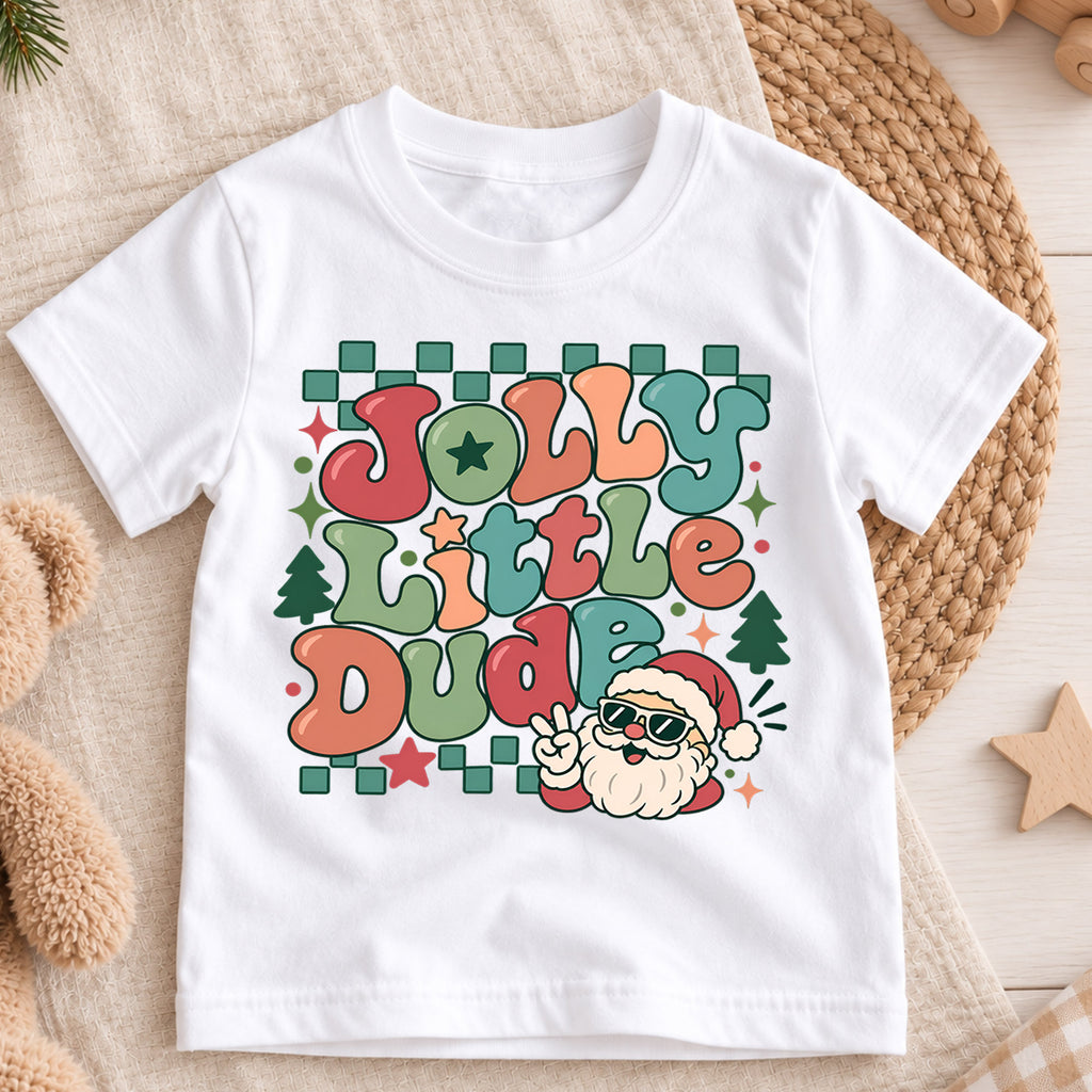 Jolly Little Dude Kids Christmas Shirt, Cool Santa Sunglasses Tee, Retro Holiday Outfit for Boys, Funny Christmas Gift for Little Kids — product view 3