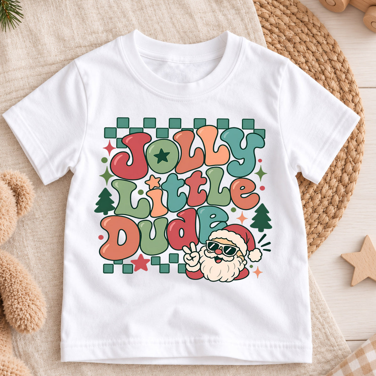 Jolly Little Dude Kids Christmas Shirt, Cool Santa Sunglasses Tee, Retro Holiday Outfit for Boys, Funny Christmas Gift for Little Kids — product view 3
