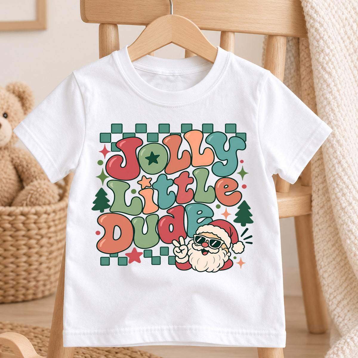 Jolly Little Dude Kids Christmas Shirt, Cool Santa Sunglasses Tee, Retro Holiday Outfit for Boys, Funny Christmas Gift for Little Kids — product view 4