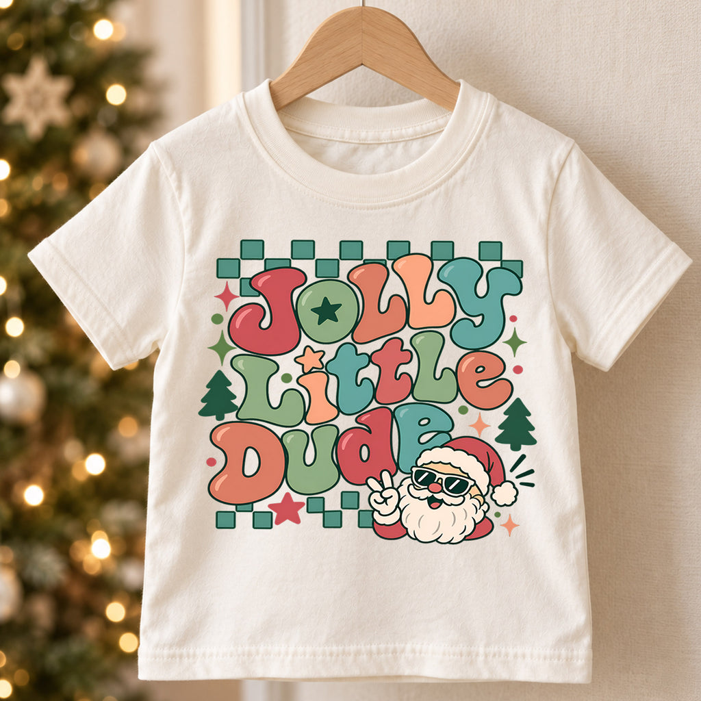 Jolly Little Dude Kids Christmas Shirt, Cool Santa Sunglasses Tee, Retro Holiday Outfit for Boys, Funny Christmas Gift for Little Kids — product view 5
