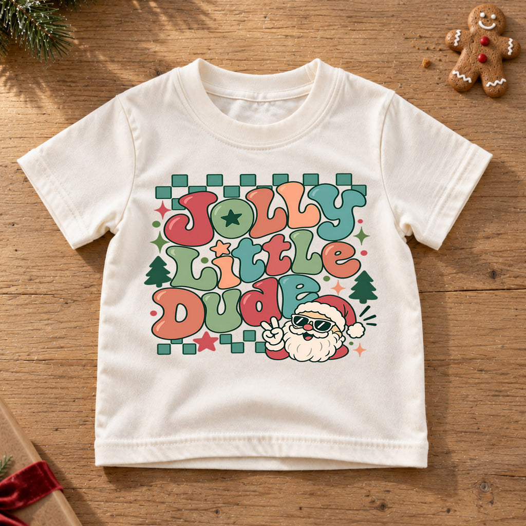 Jolly Little Dude Kids Christmas Shirt, Cool Santa Sunglasses Tee, Retro Holiday Outfit for Boys, Funny Christmas Gift for Little Kids — product view 6
