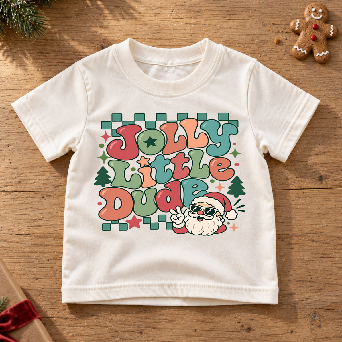Jolly Little Dude Kids Christmas Shirt, Cool Santa Sunglasses Tee, Retro Holiday Outfit for Boys, Funny Christmas Gift for Little Kids — product view 6