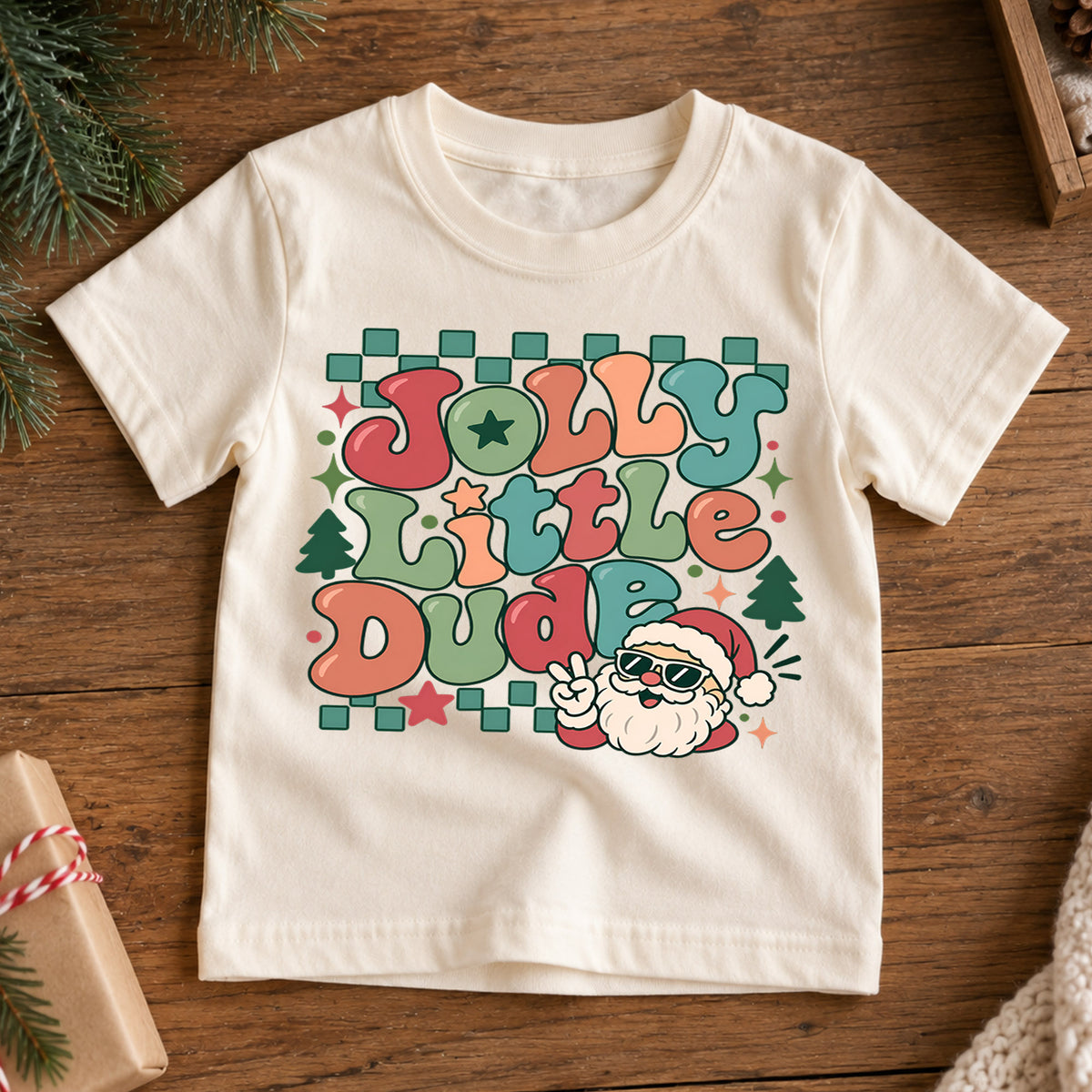 Jolly Little Dude Kids Christmas Shirt, Cool Santa Sunglasses Tee, Retro Holiday Outfit for Boys, Funny Christmas Gift for Little Kids — product view 7