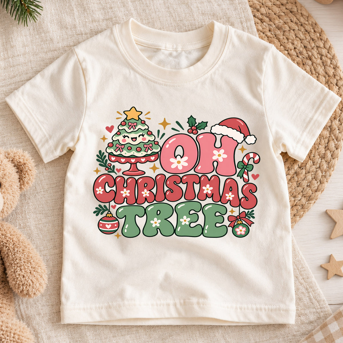 Oh Christmas Tree Kids Shirt, Pink Retro Christmas Tree Tee, Cute Holiday Outfit for Girls, Groovy Festive Christmas Gift for Kids — product view 1