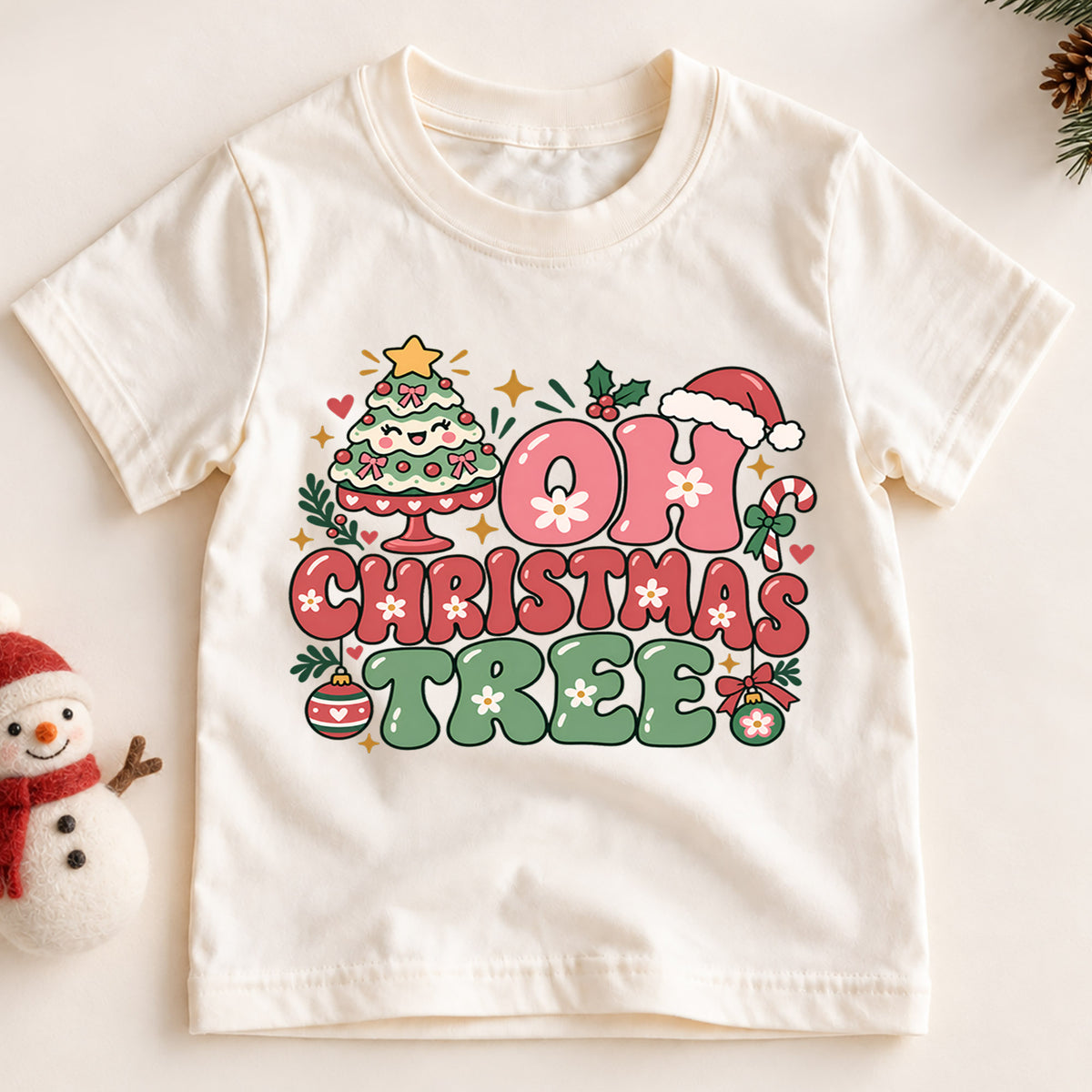 Oh Christmas Tree Kids Shirt, Pink Retro Christmas Tree Tee, Cute Holiday Outfit for Girls, Groovy Festive Christmas Gift for Kids — product view 2