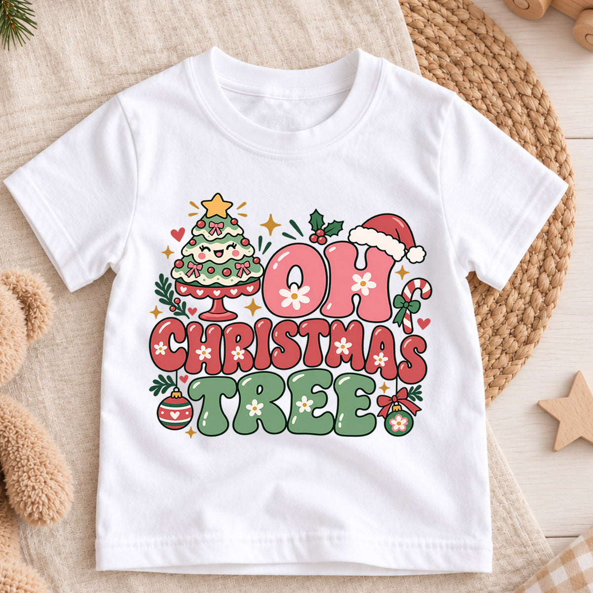 Oh Christmas Tree Kids Shirt, Pink Retro Christmas Tree Tee, Cute Holiday Outfit for Girls, Groovy Festive Christmas Gift for Kids — product view 3