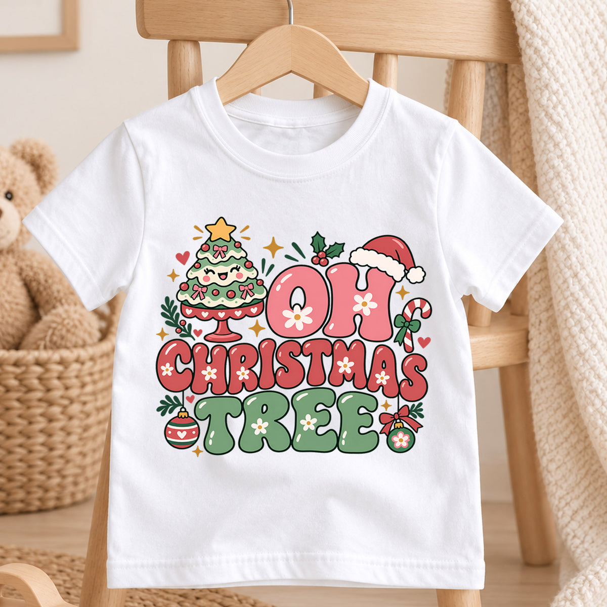 Oh Christmas Tree Kids Shirt, Pink Retro Christmas Tree Tee, Cute Holiday Outfit for Girls, Groovy Festive Christmas Gift for Kids — product view 4