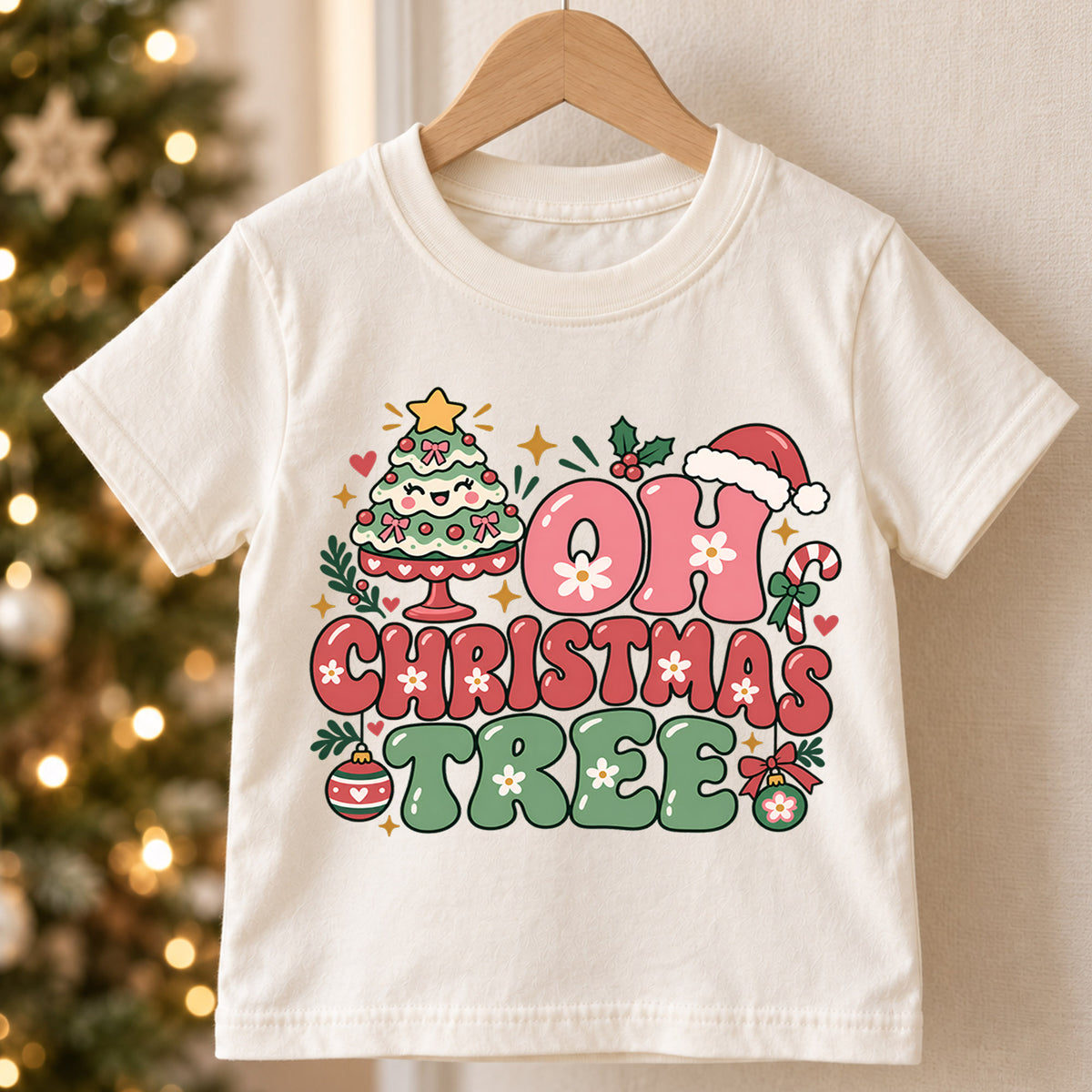 Oh Christmas Tree Kids Shirt, Pink Retro Christmas Tree Tee, Cute Holiday Outfit for Girls, Groovy Festive Christmas Gift for Kids — product view 5