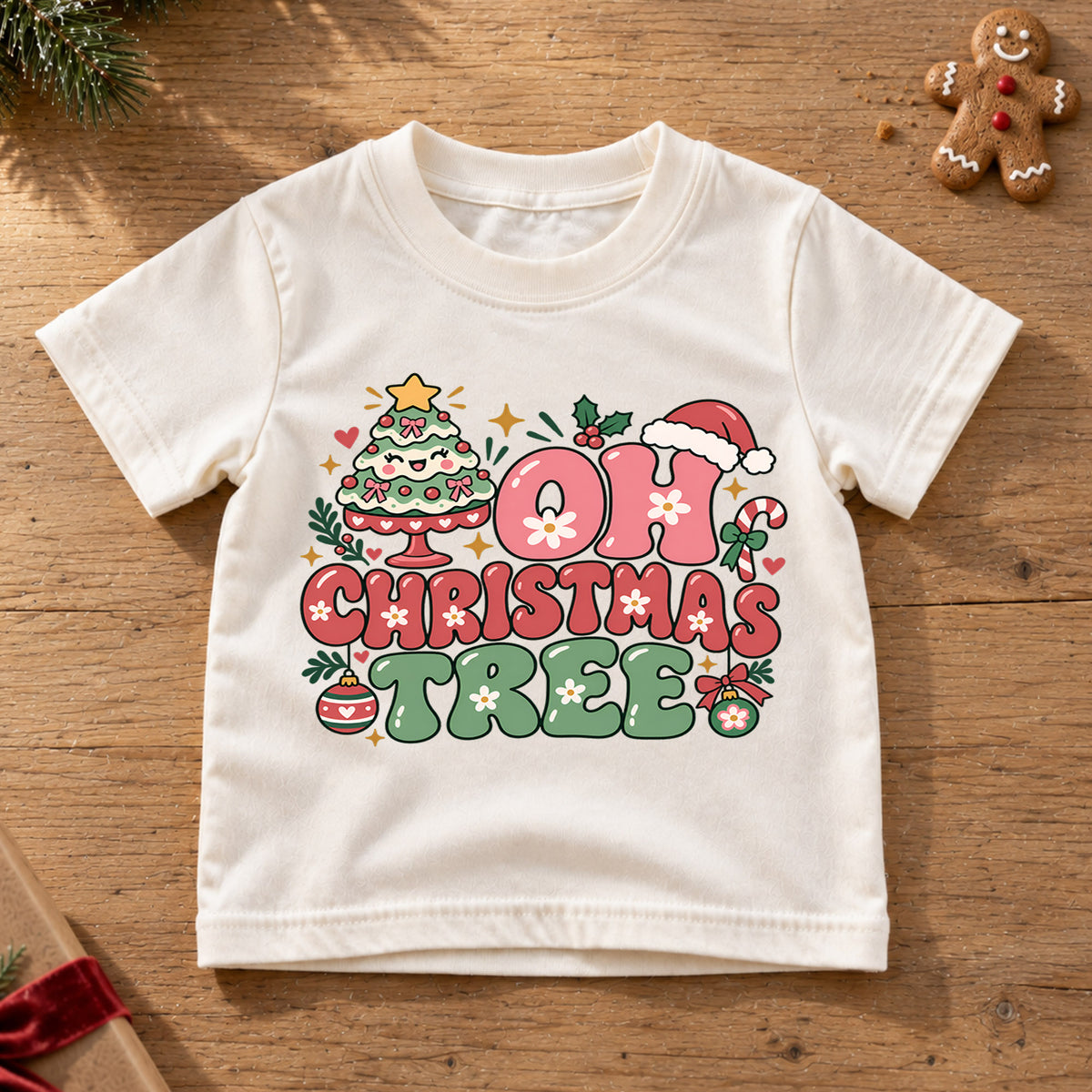 Oh Christmas Tree Kids Shirt, Pink Retro Christmas Tree Tee, Cute Holiday Outfit for Girls, Groovy Festive Christmas Gift for Kids — product view 6