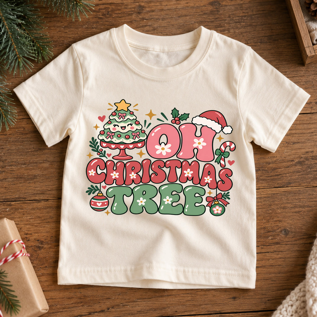 Oh Christmas Tree Kids Shirt, Pink Retro Christmas Tree Tee, Cute Holiday Outfit for Girls, Groovy Festive Christmas Gift for Kids — product view 7