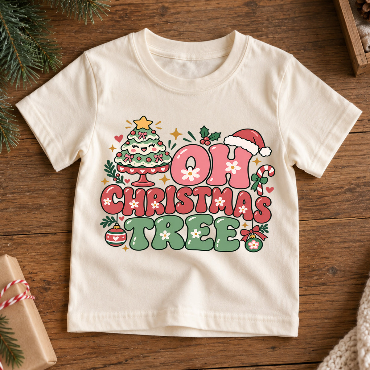 Oh Christmas Tree Kids Shirt, Pink Retro Christmas Tree Tee, Cute Holiday Outfit for Girls, Groovy Festive Christmas Gift for Kids — product view 7