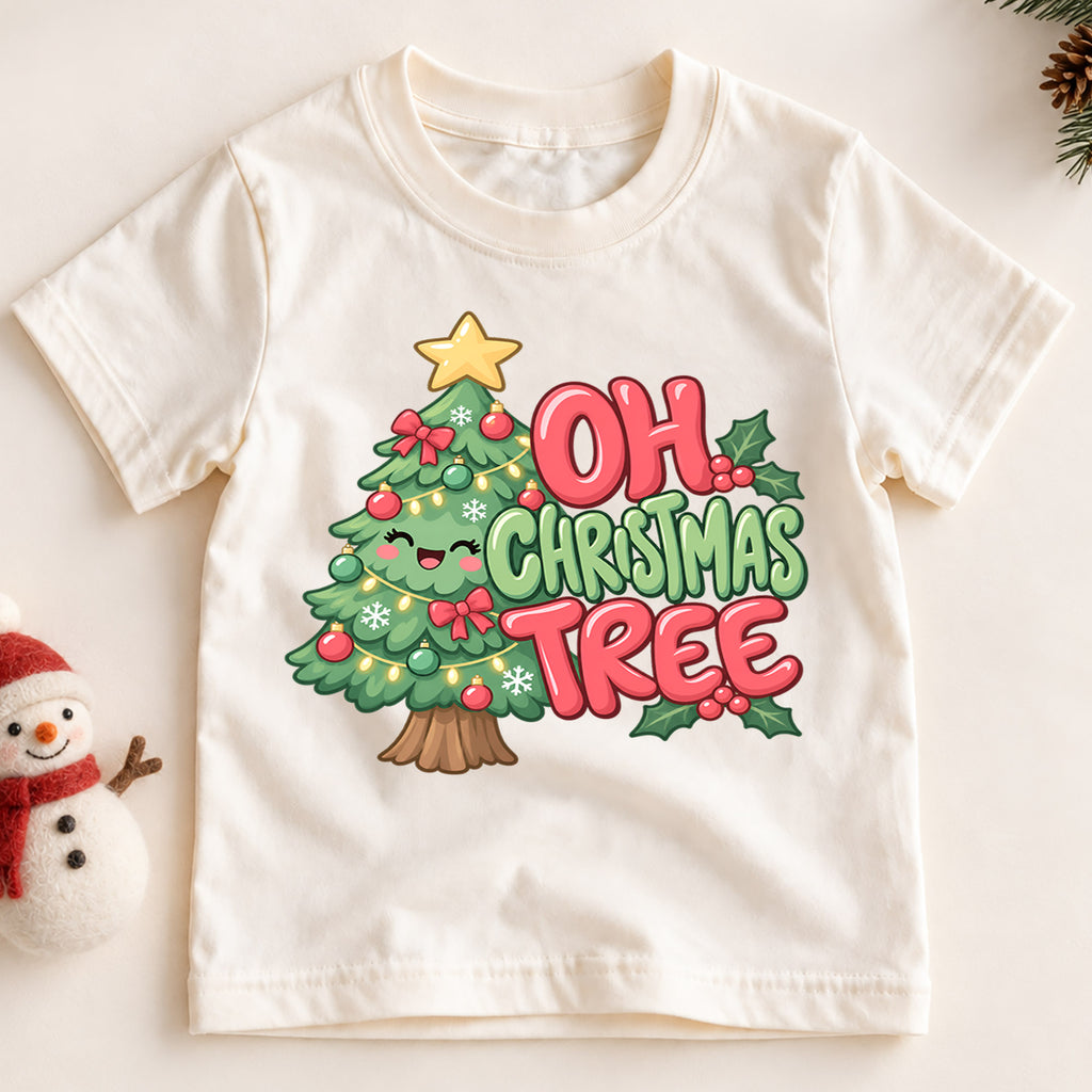 Oh Christmas Tree Kids Shirt, Cute Green Christmas Tree Tee, Retro Holiday Outfit for Boys Girls, Festive Christmas Gift for Little Kids — product view 2