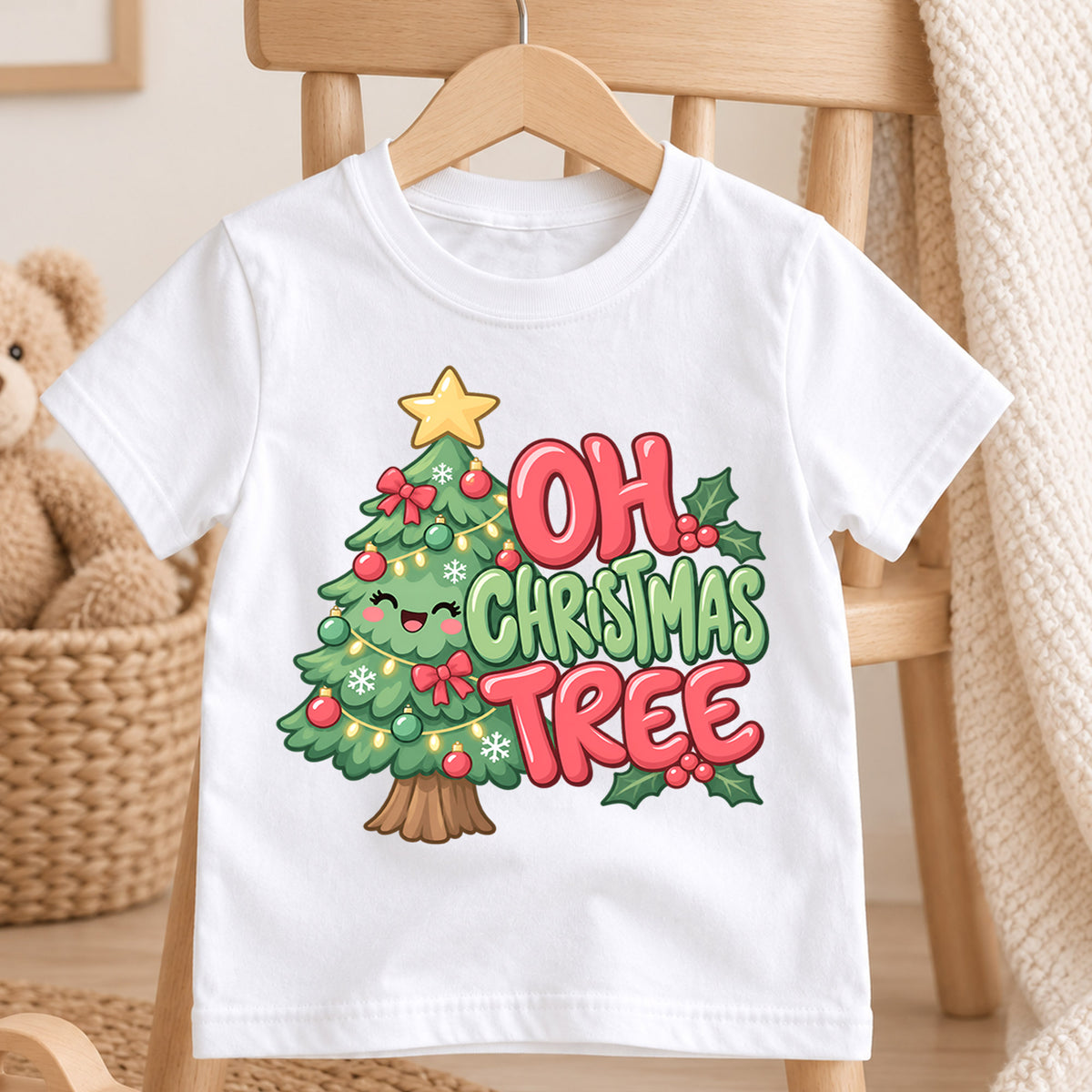 Oh Christmas Tree Kids Shirt, Cute Green Christmas Tree Tee, Retro Holiday Outfit for Boys Girls, Festive Christmas Gift for Little Kids — product view 4