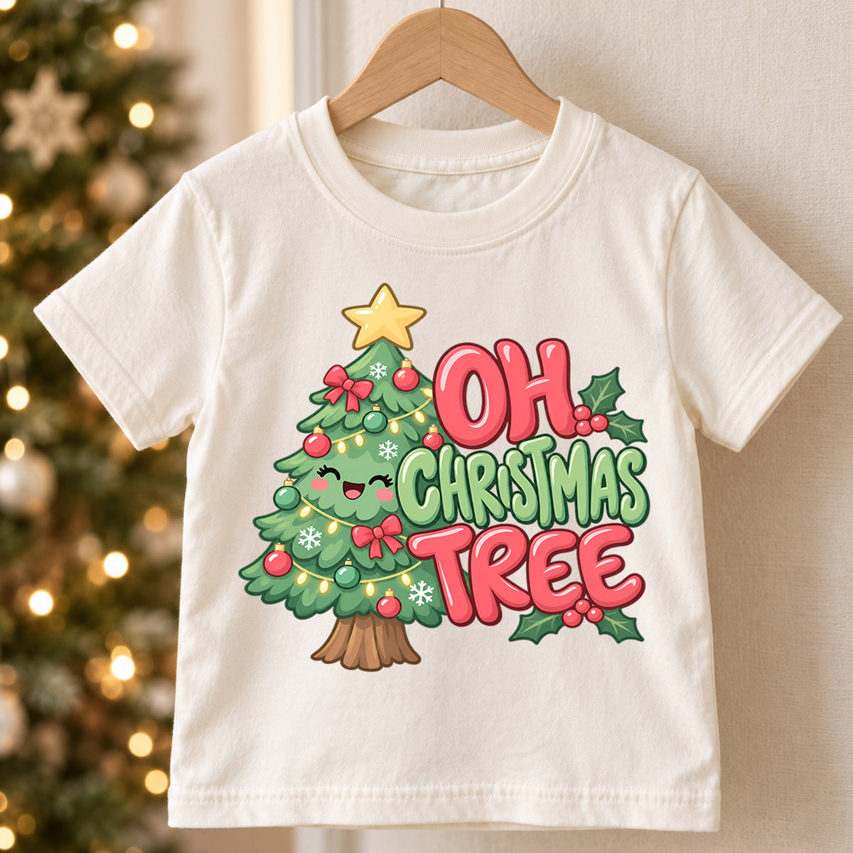 Oh Christmas Tree Kids Shirt, Cute Green Christmas Tree Tee, Retro Holiday Outfit for Boys Girls, Festive Christmas Gift for Little Kids — product view 5