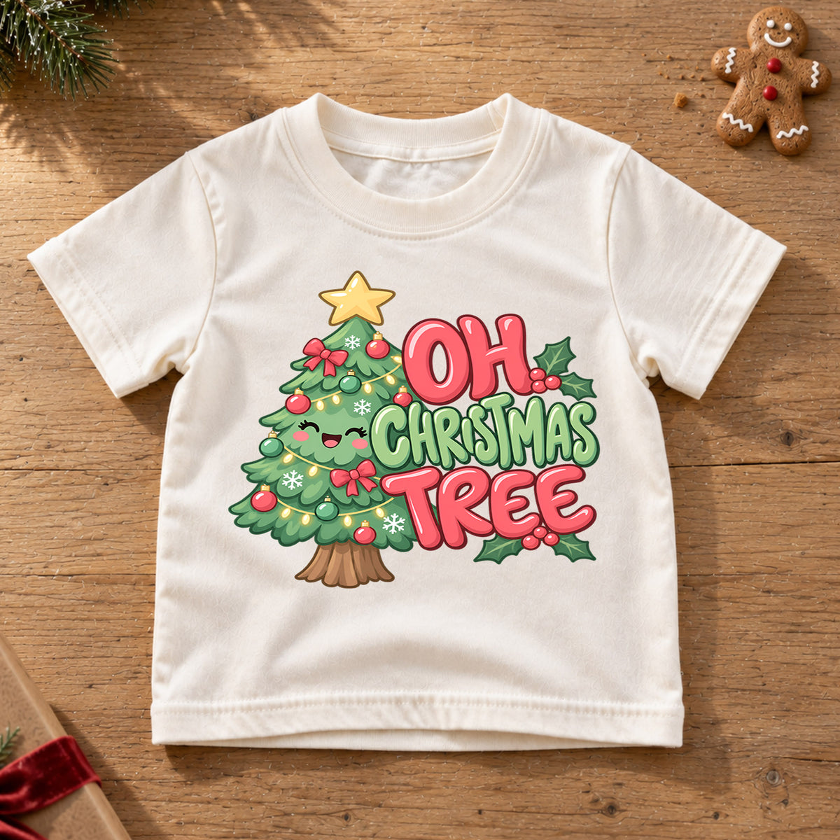 Oh Christmas Tree Kids Shirt, Cute Green Christmas Tree Tee, Retro Holiday Outfit for Boys Girls, Festive Christmas Gift for Little Kids — product view 6