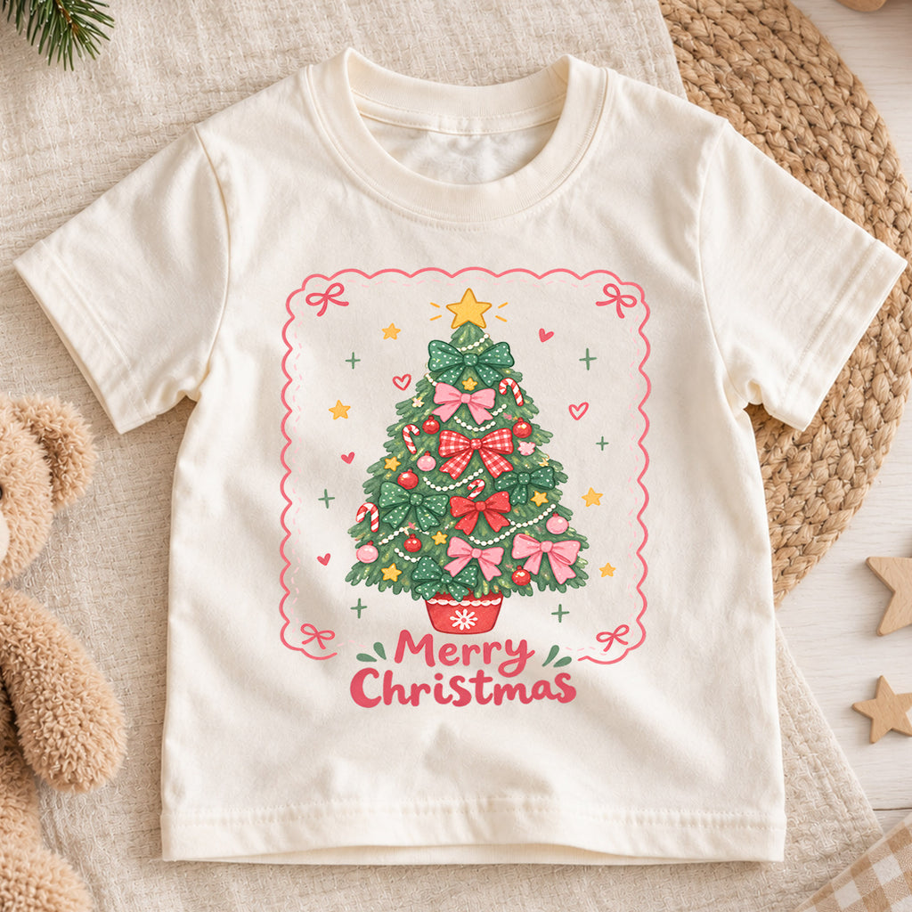 Merry Christmas Bow Tree Kids Shirt, Pink Bow Christmas Tree Tee, Cute Holiday Outfit for Girls, Coquette Christmas Gift for Little Kids — product view 1