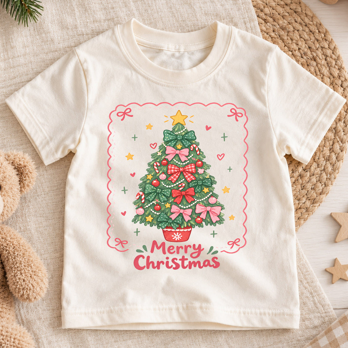 Merry Christmas Bow Tree Kids Shirt, Pink Bow Christmas Tree Tee, Cute Holiday Outfit for Girls, Coquette Christmas Gift for Little Kids — product view 1