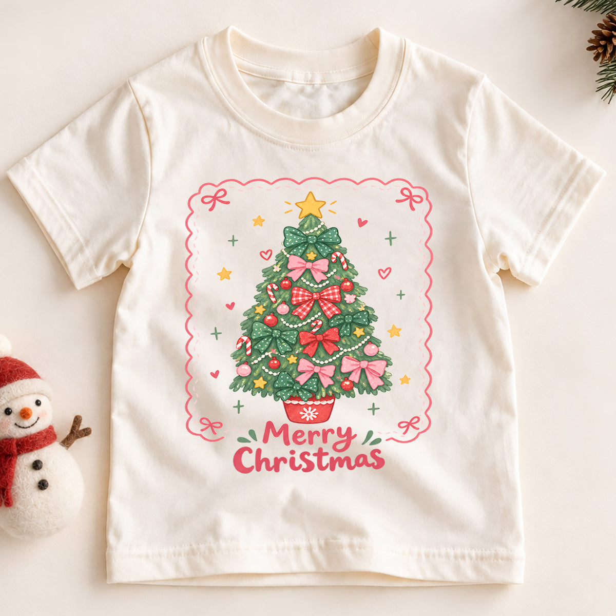 Merry Christmas Bow Tree Kids Shirt, Pink Bow Christmas Tree Tee, Cute Holiday Outfit for Girls, Coquette Christmas Gift for Little Kids — product view 2
